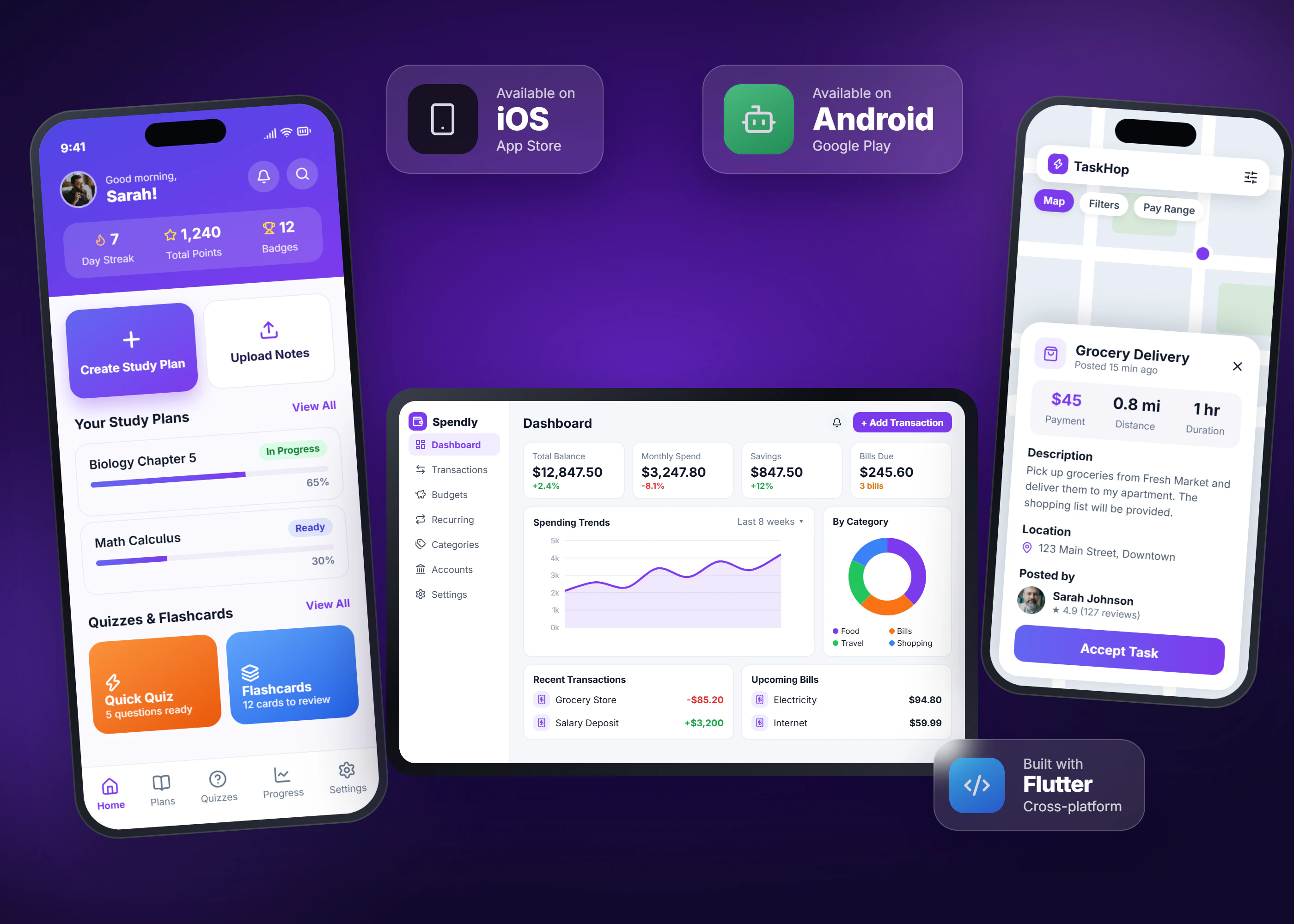 Study, budgeting and delivery app designs on iPhone, Android and tablet