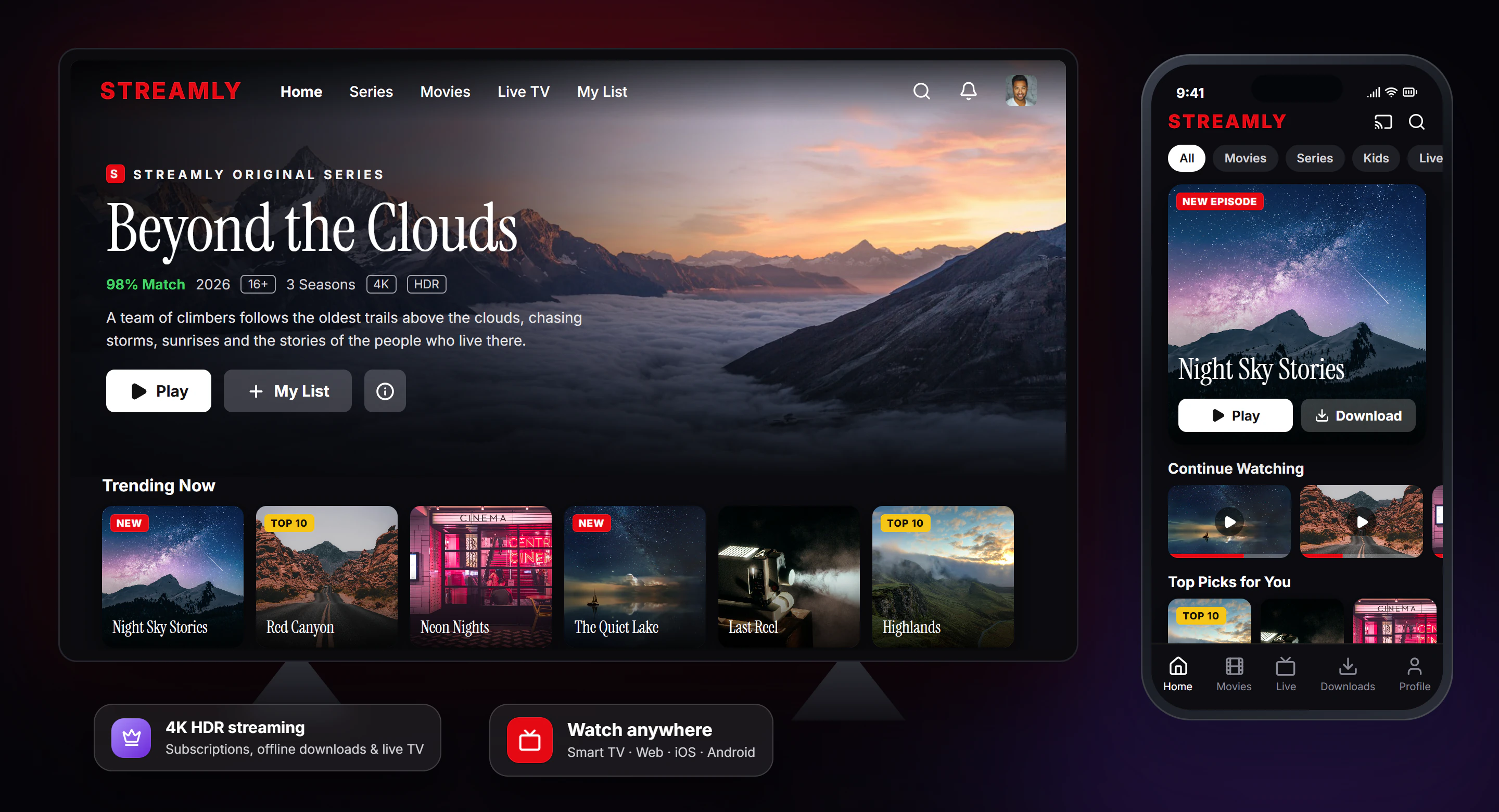 Video streaming platform on a smart TV and phone with featured shows and watch lists
