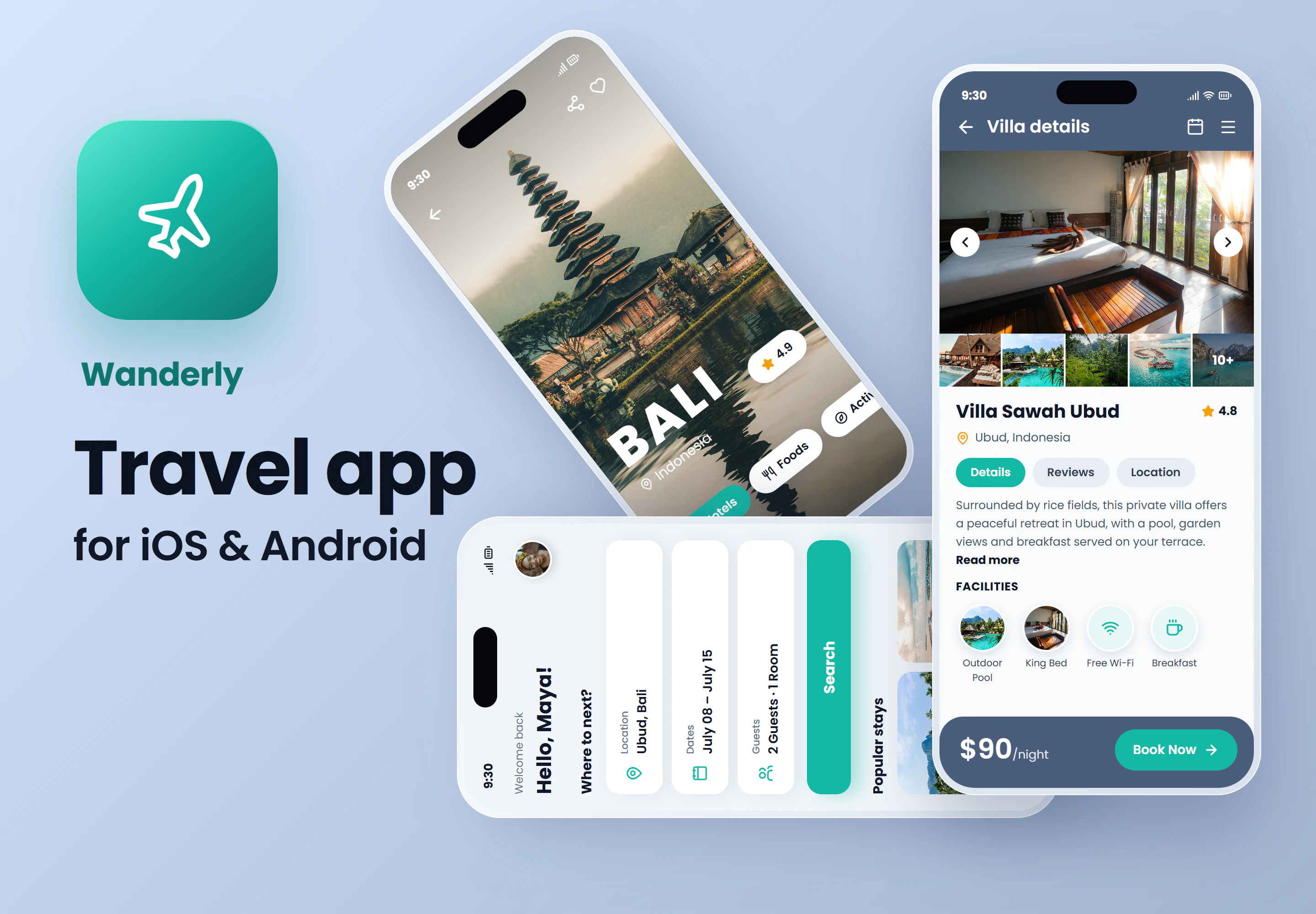 Travel booking app with destination, search and villa detail screens