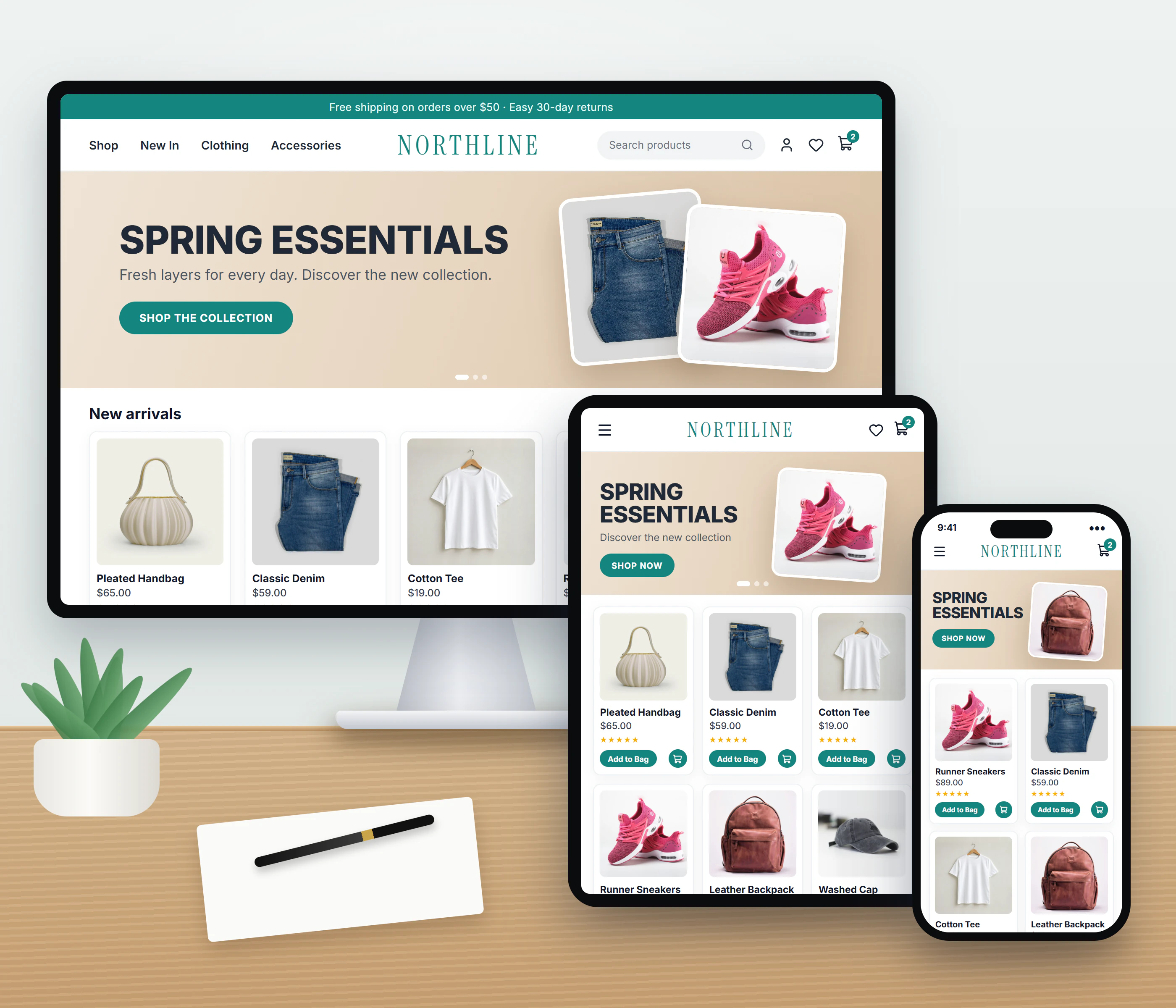 Responsive e-commerce store design shown on desktop, tablet and mobile